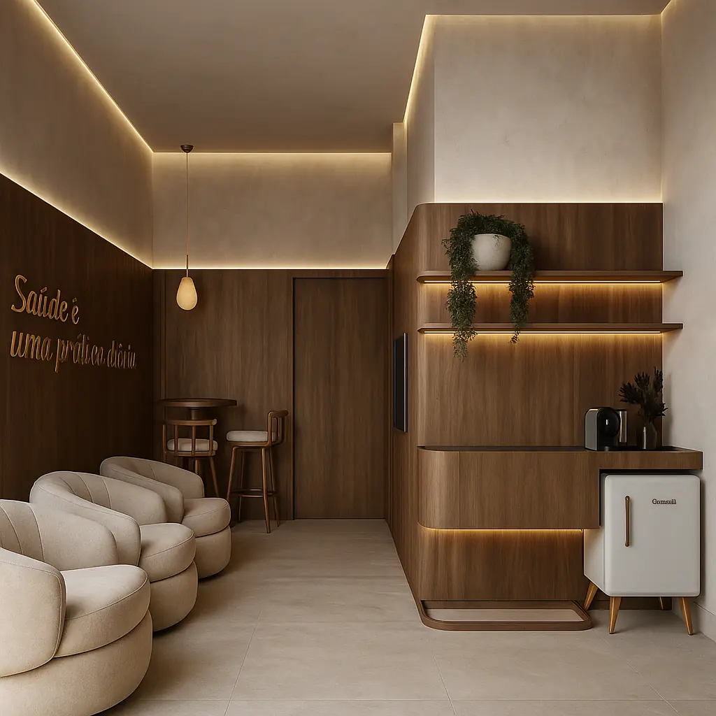 Ambiente de espera do Instituto Edimar Aguiar, com painéis de madeira e iluminação indireta.